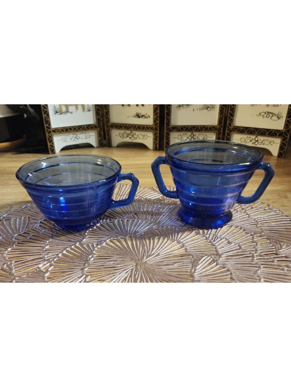 Hazel Atlas Cobalt Moderntone Cup and Handled Sugar Bowl